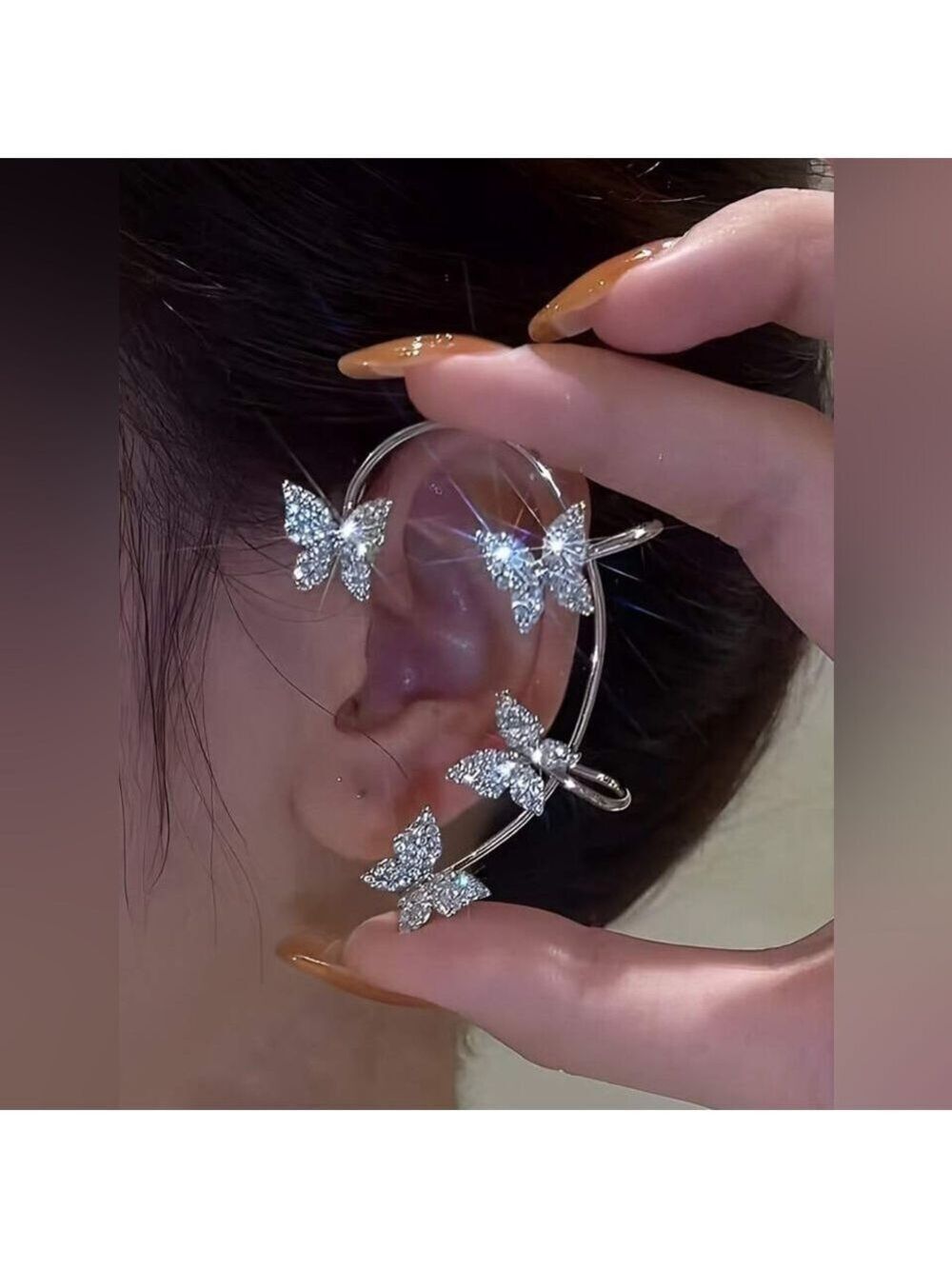 Silver Butterfly Ear Cuff Ear Climber Rhinestones